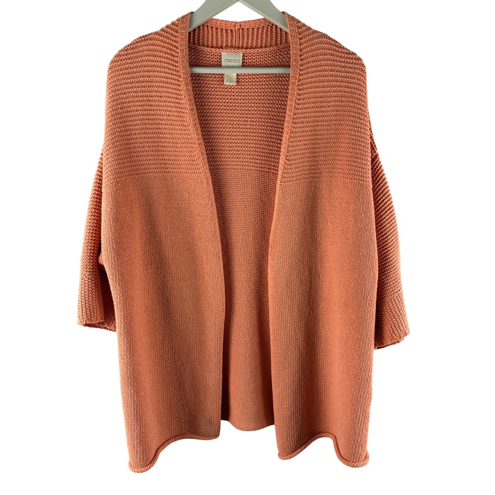 Chicos Open Front Cotton Cardigan Sweater Coral Peach Textured Knit‎ Sz 1/M